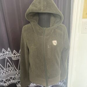 American Eagle Outfitters Zip-Up Fleece Jacket with Hood - Hunter Green, Size Me